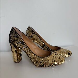 J. Crew Gold Sequin Block Heel Pumps